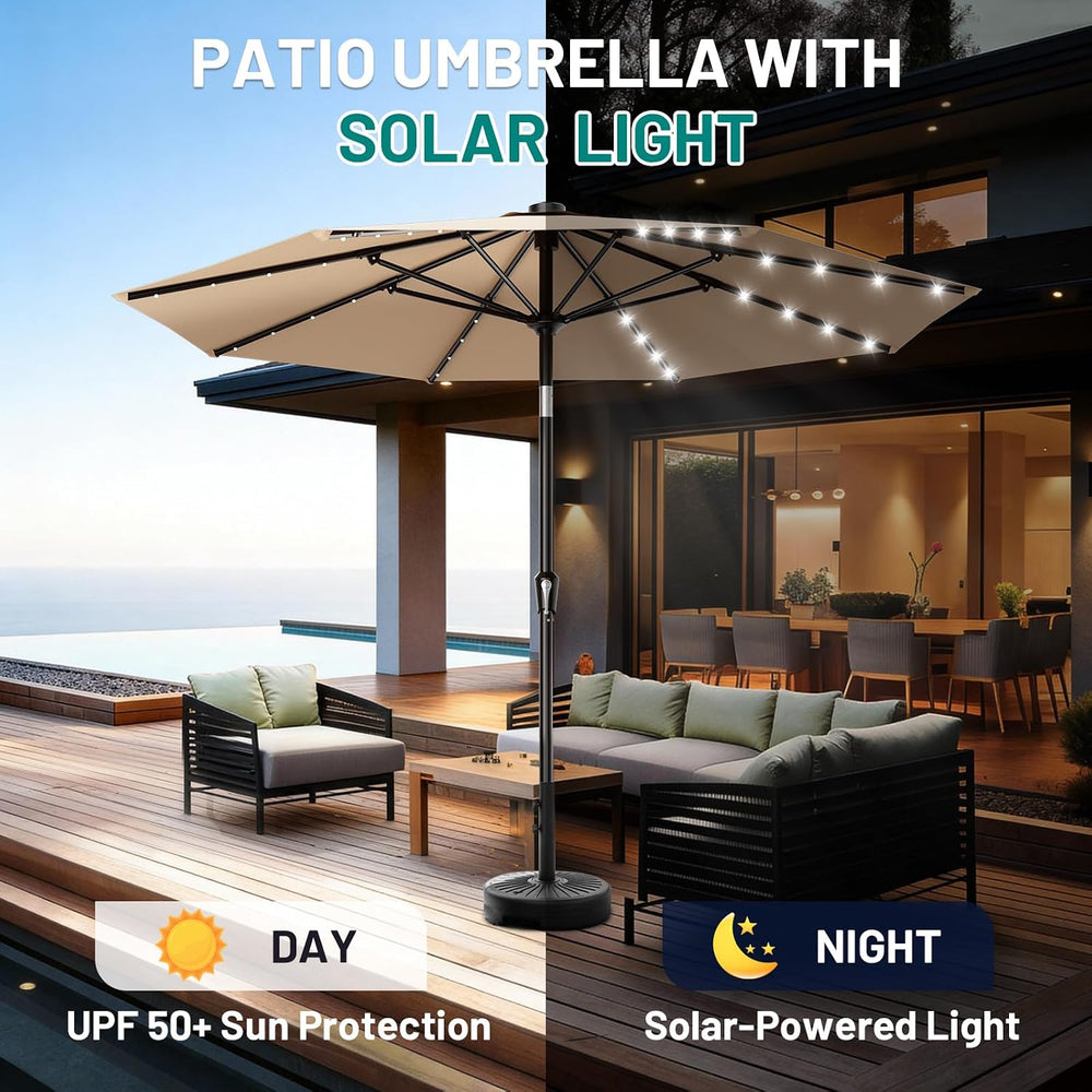 AreShark 9FT Patio Umbrella with Solar Lights, 32 Lighted Pool Umbrella w/Til...