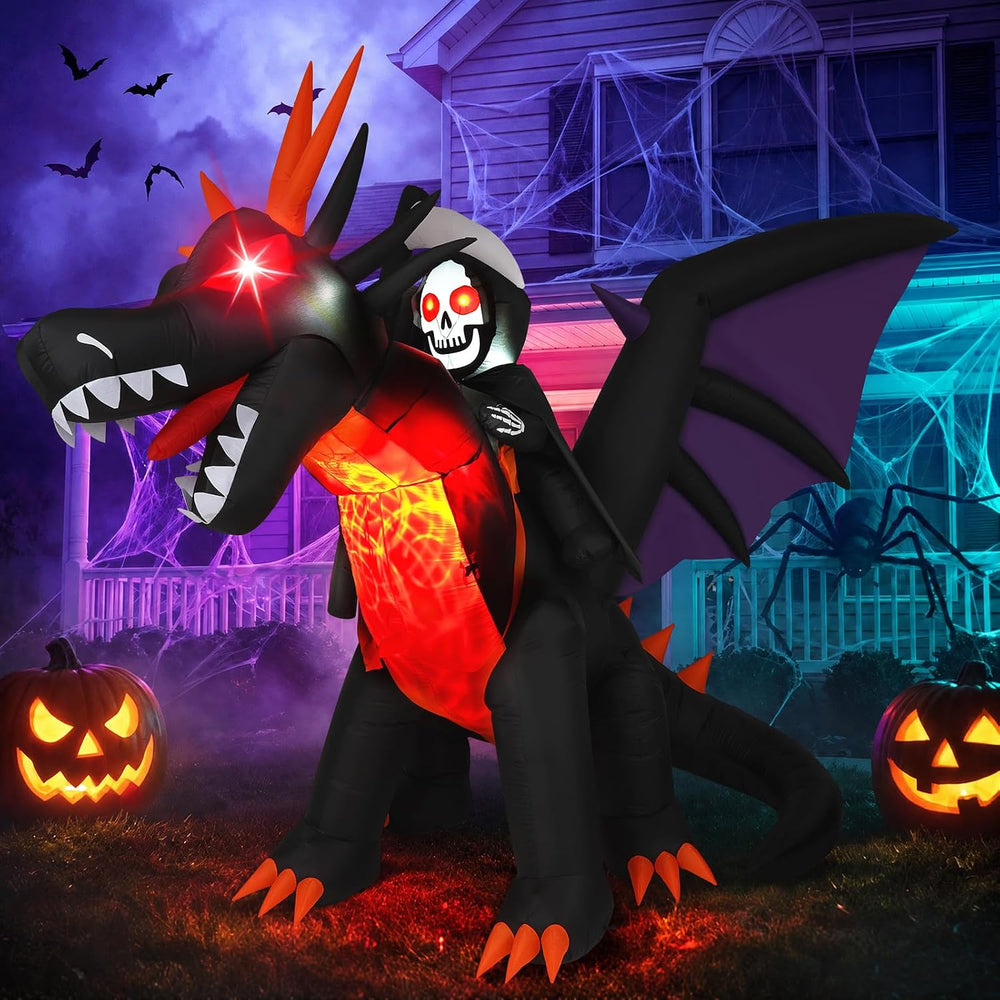 11.5FT Long Animated Dragon & Grim Reaper Halloween Inflatable, Moving Head