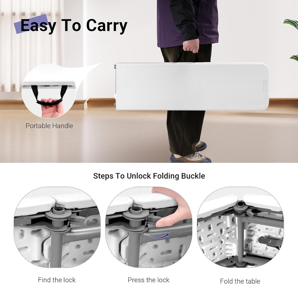 Folding Bench 6ft,Portable Plastic Bench Seat with Handle,White,2 Pack