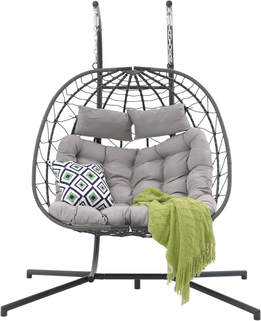 Patiorama 2 Person Double Egg Swing Chair with Stand, Wicker, Light Grey