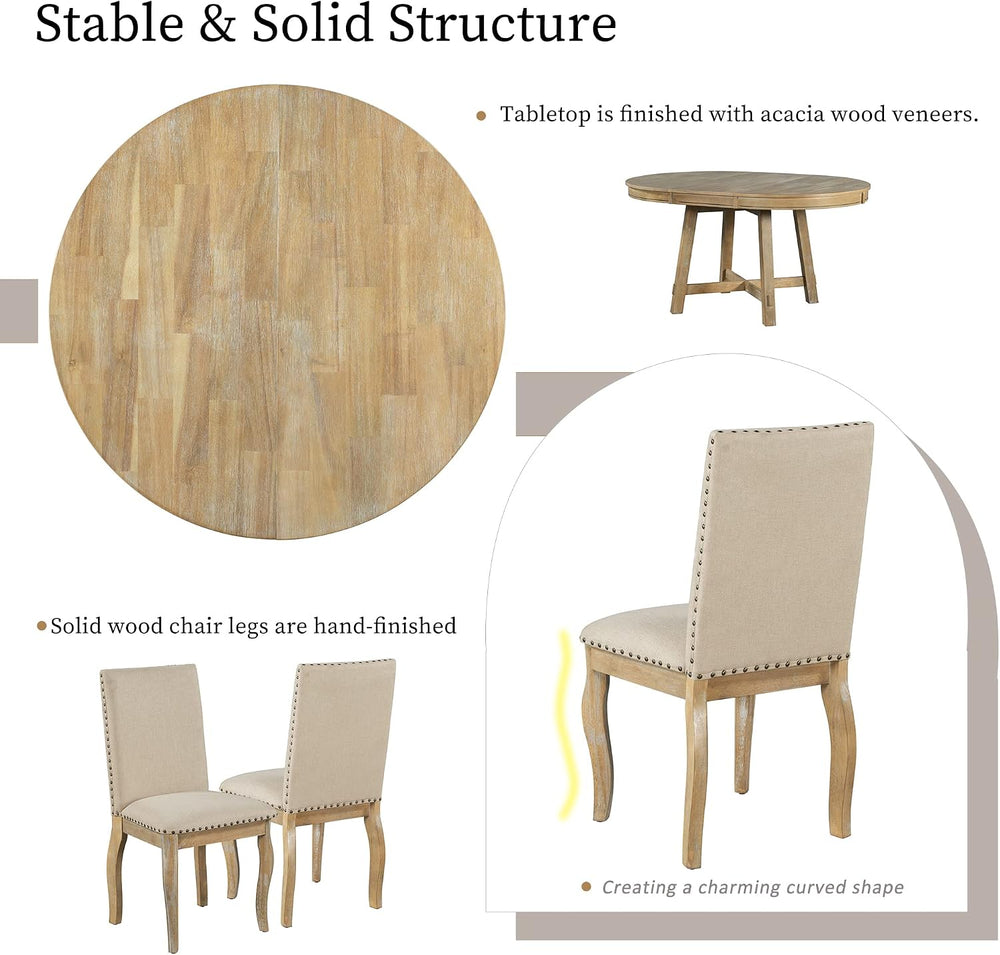 P PURLOVE 5 Pieces Dining Table Set Round Kitchen Extendable Dining Table wit...