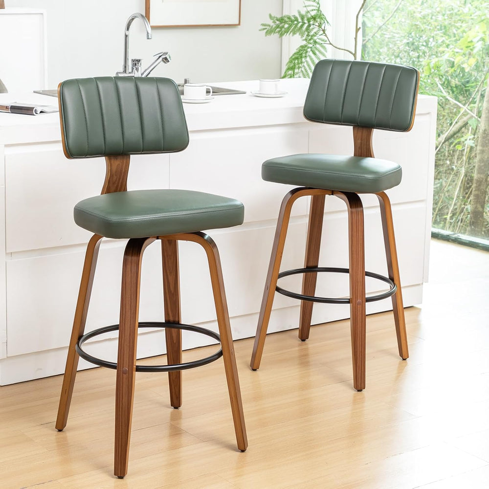 LUNLING 25.2” Swivel Bar Stools Set of 2,Green Faux Leather Counter Height Ba...