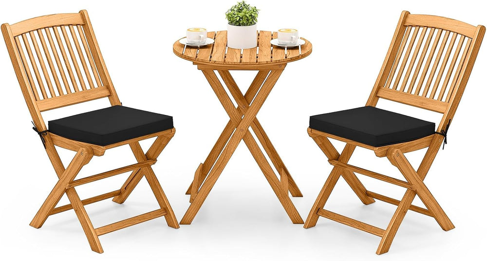 Tangkula 3 Piece Patio Folding Bistro Set, Outdoor Acacia Wood Chair and Tabl...