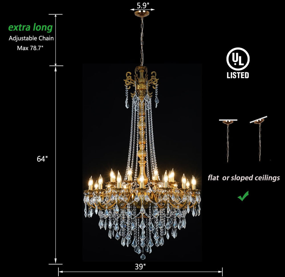 24-Light Antique Gold Crystal Chandelier, Extra Large Luxury Candle Chandelie...