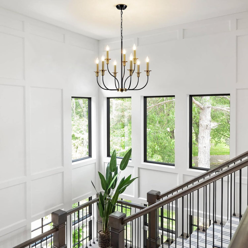 9-Lights Black and Gold Chandelier, 2-Tier Farmhouse Chandeliers 25.98"