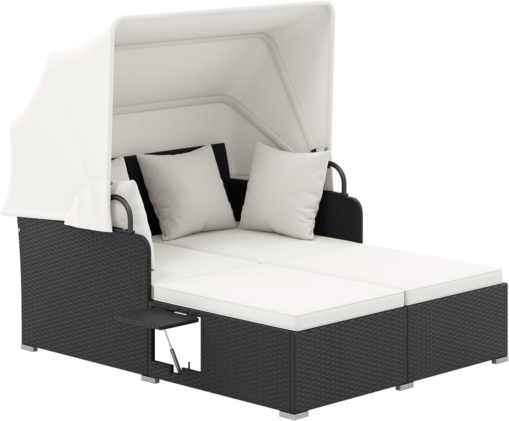 Tangkula Patio Rattan Daybed with Retractable Canopy, Outdoor Wicker Sunbed L...