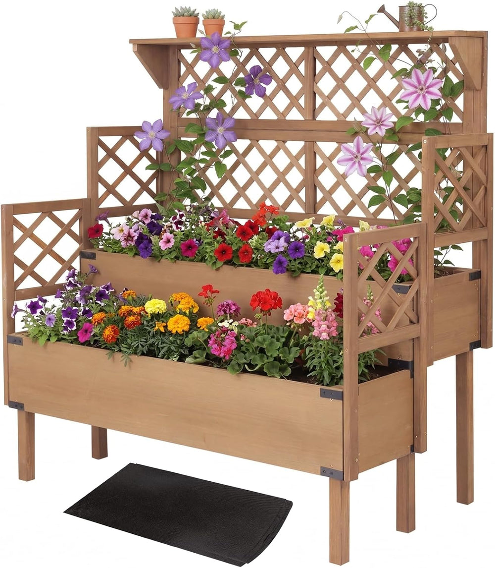 Raised Garden Bed with Trellis, 2-Tier Elevated Planter Box, Wooden Outdoor P...
