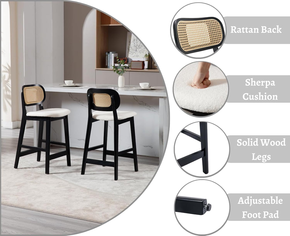 EALSON Counter Height Bar Stools Set of 2 Rattan Back Farmhouse Barstools Mid...