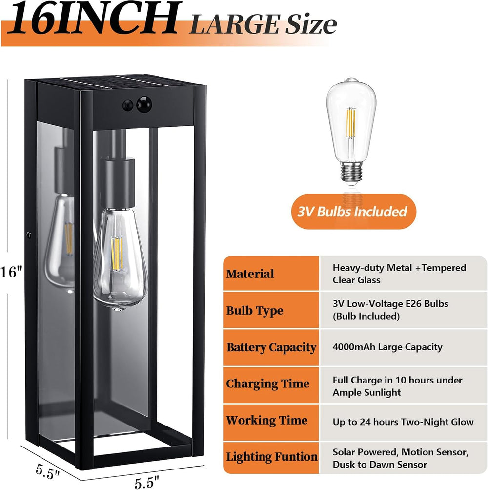 16" Large Solar Porch Lights Outdoor 2-Pack, Matte Black