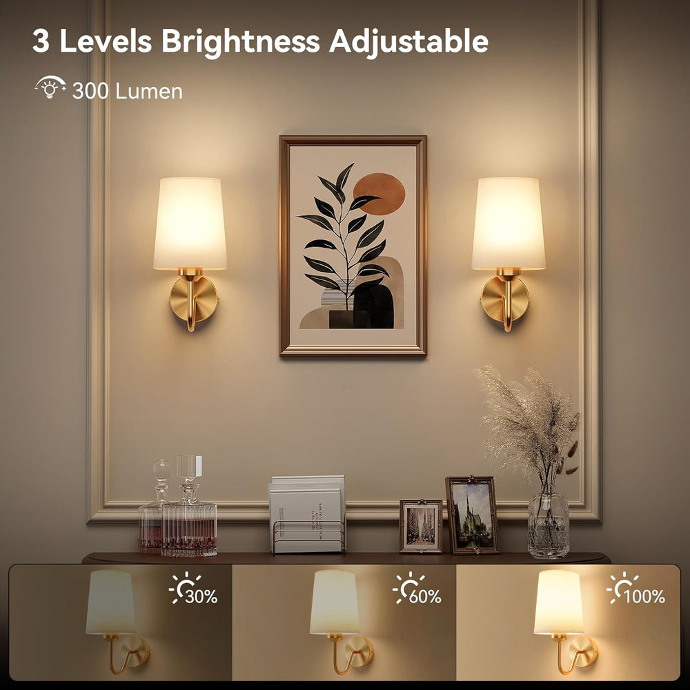 Battery Operated Wall Sconces Set of 2, Remote Control, RGB Bulb, Gold