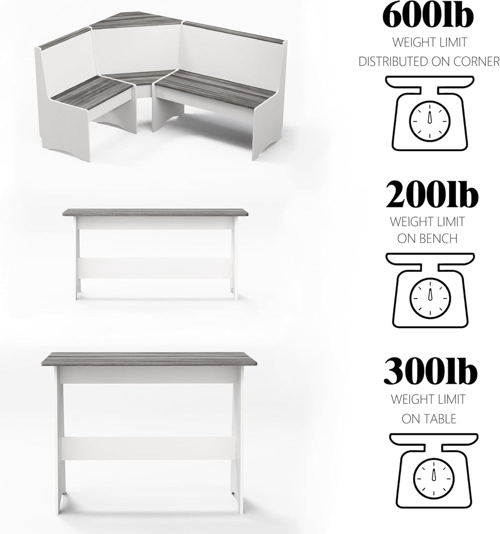 Farmhouse Breakfast Nook Table Set with Corner Bench (White + Gray)