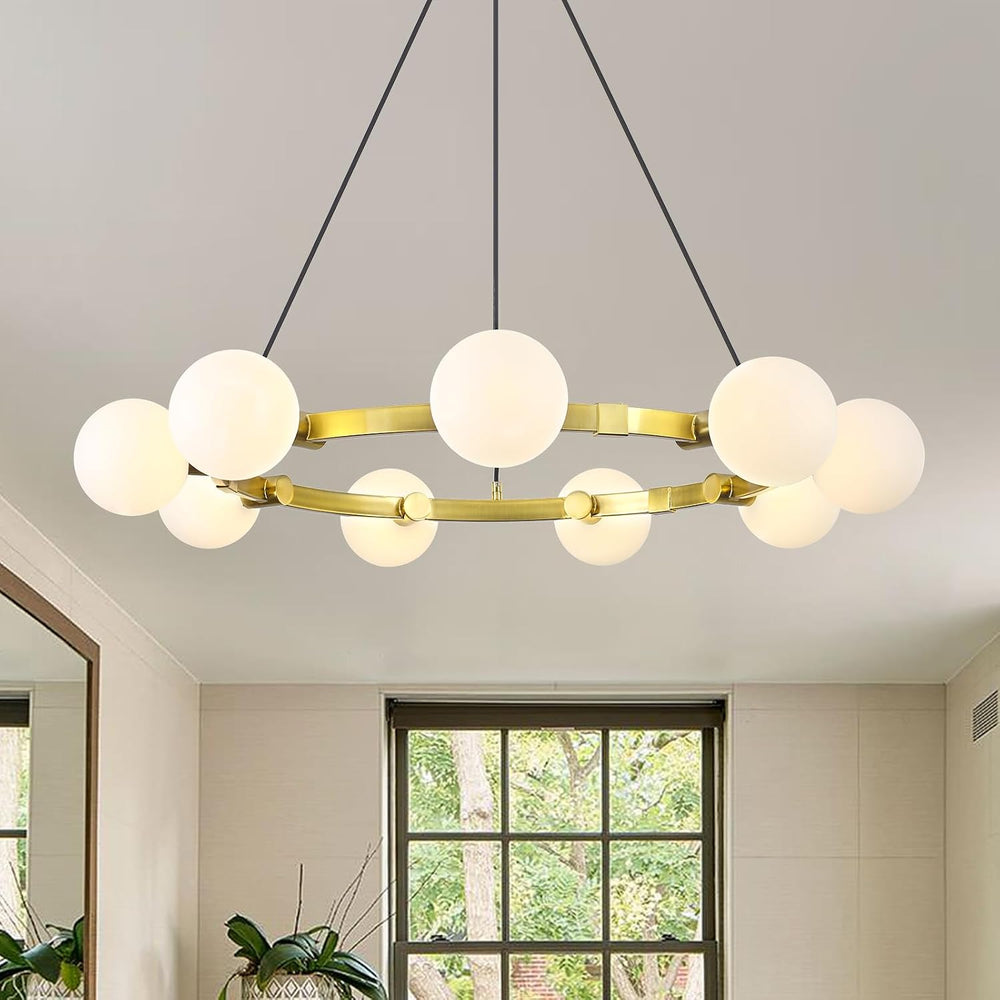 9-Light Brass Sputnik Chandeliers, White Globe Ceiling Light Fixture Over Tab...