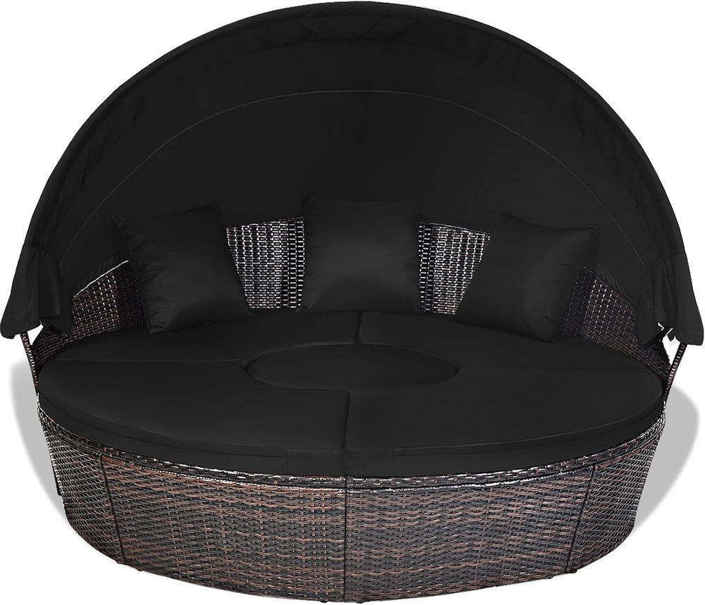 RELAX4LIFE Round Outdoor Daybed with Canopy, Rattan Wicker Sectional Sofa Set...