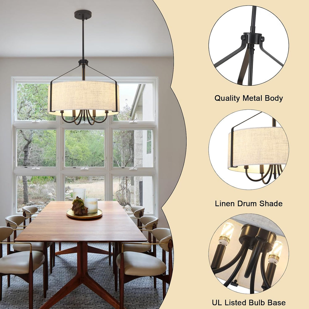 Farmhouse Chandelier for Dining Room, 5-Light Drum Chandelier with Black Meta...