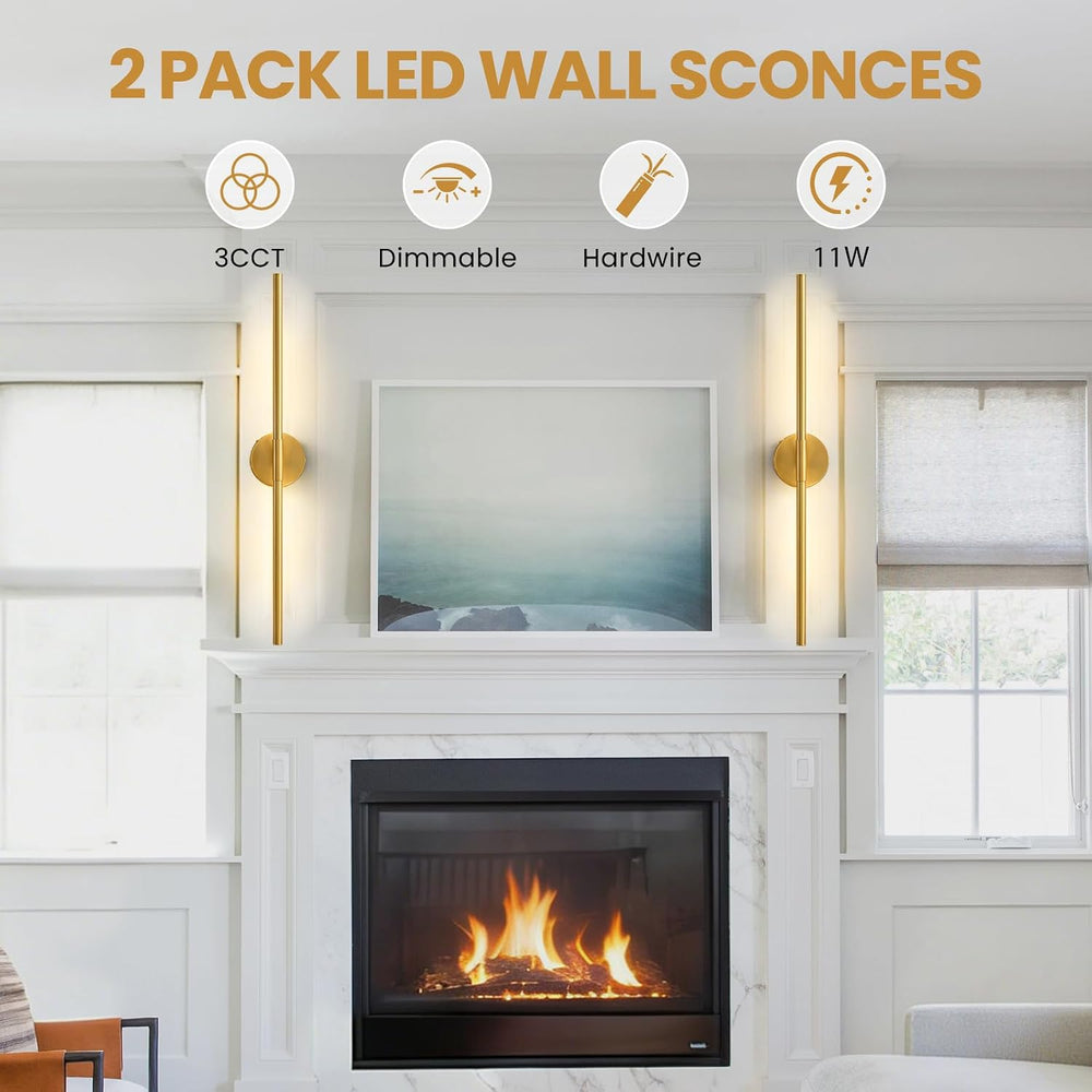 Lightania Hardwired Wall Sconces Set of Two, 28'' Modern Gold LED Wal...