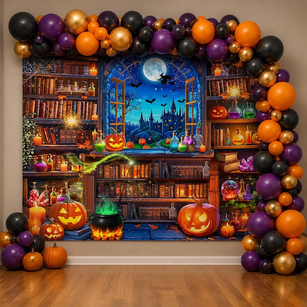10x8ft Halloween Magic Window Bookshelf Photography Backdrop