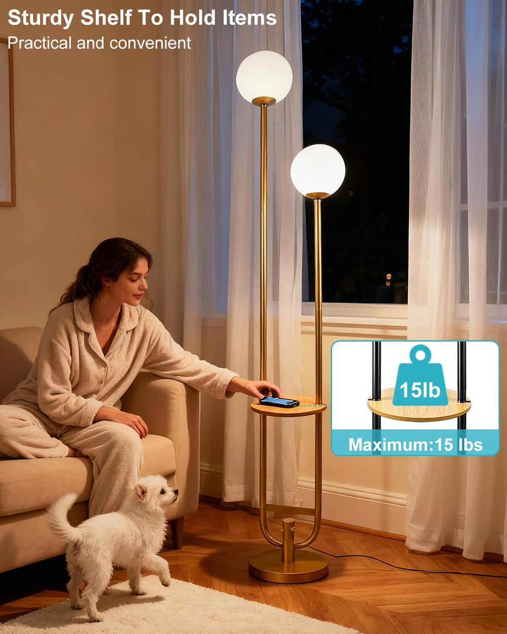 Lightdot 63IN Gold Floor Lamp with Table 2 Globe Mid Century Standing Lamps w...