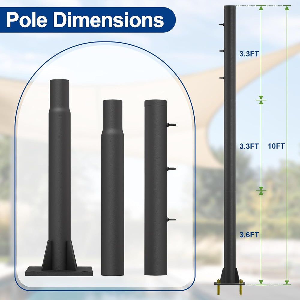 10ft Sun Shade Pole, 3" Diameter Heavy Duty Metal, Black Shade Sail Pole...