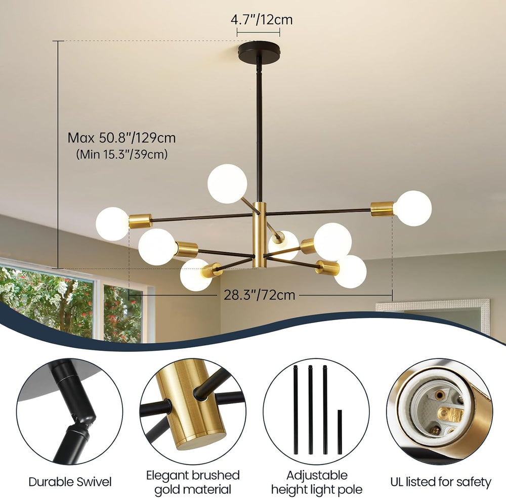 RUIYEY Modern Sputnik Chandeliers Black and Gold Mid Century Chandelier 8-Lig...