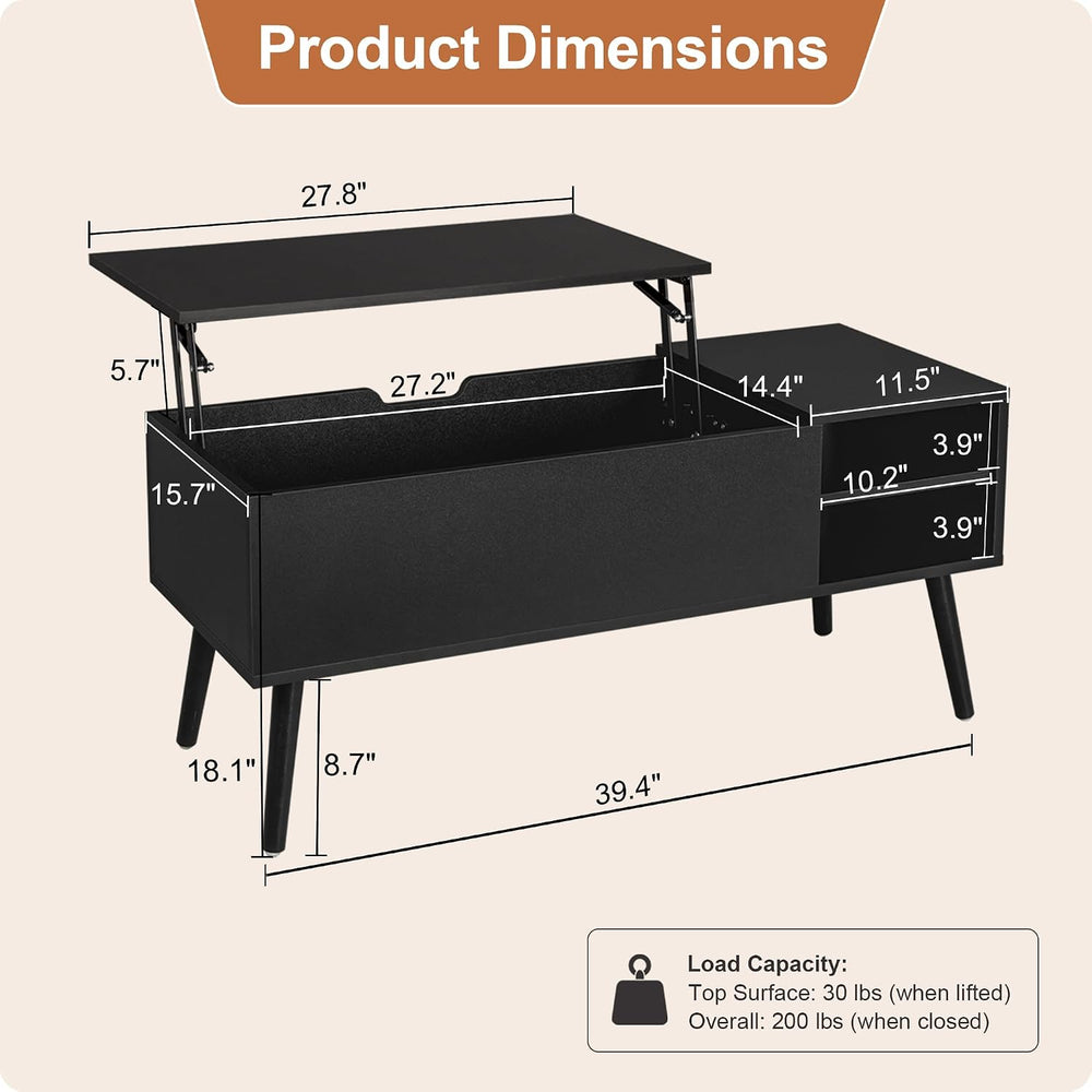 ALINE FURNITURE Black Lift Top Coffee Table with Hidden Storage Compartment, ...