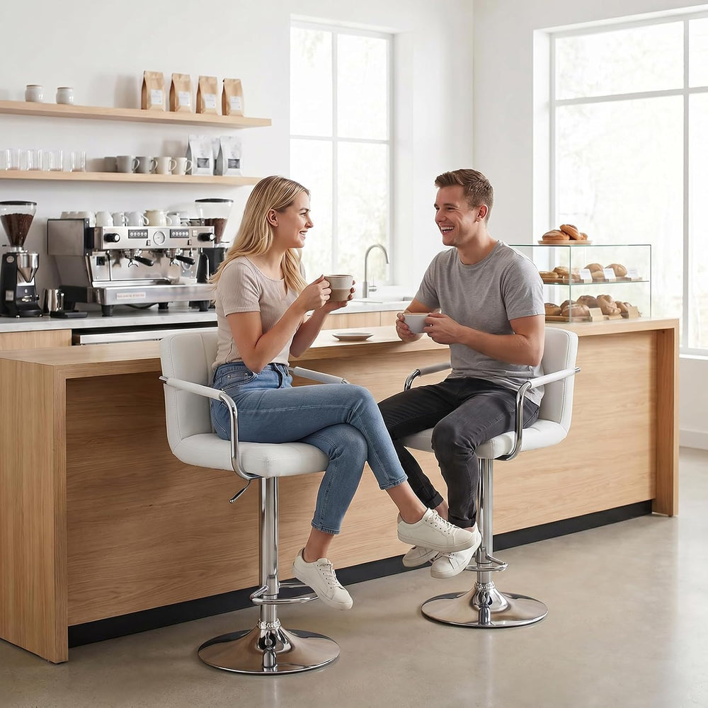 Bar Stools Set of 2, 24-26'' Adjustable Swivel Bar Chairs, White