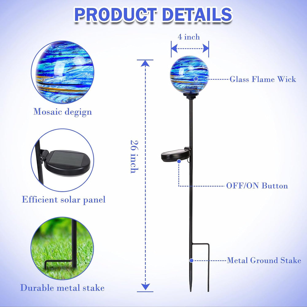 Decorative Solar Garden Lights, 4" Glass Globe Outdoor Stake for Yard Lawn