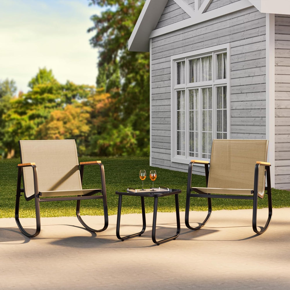 Ahomly 3-Piece Outdoor Rocking Bistro Set, Patio Set Textilene, Brown