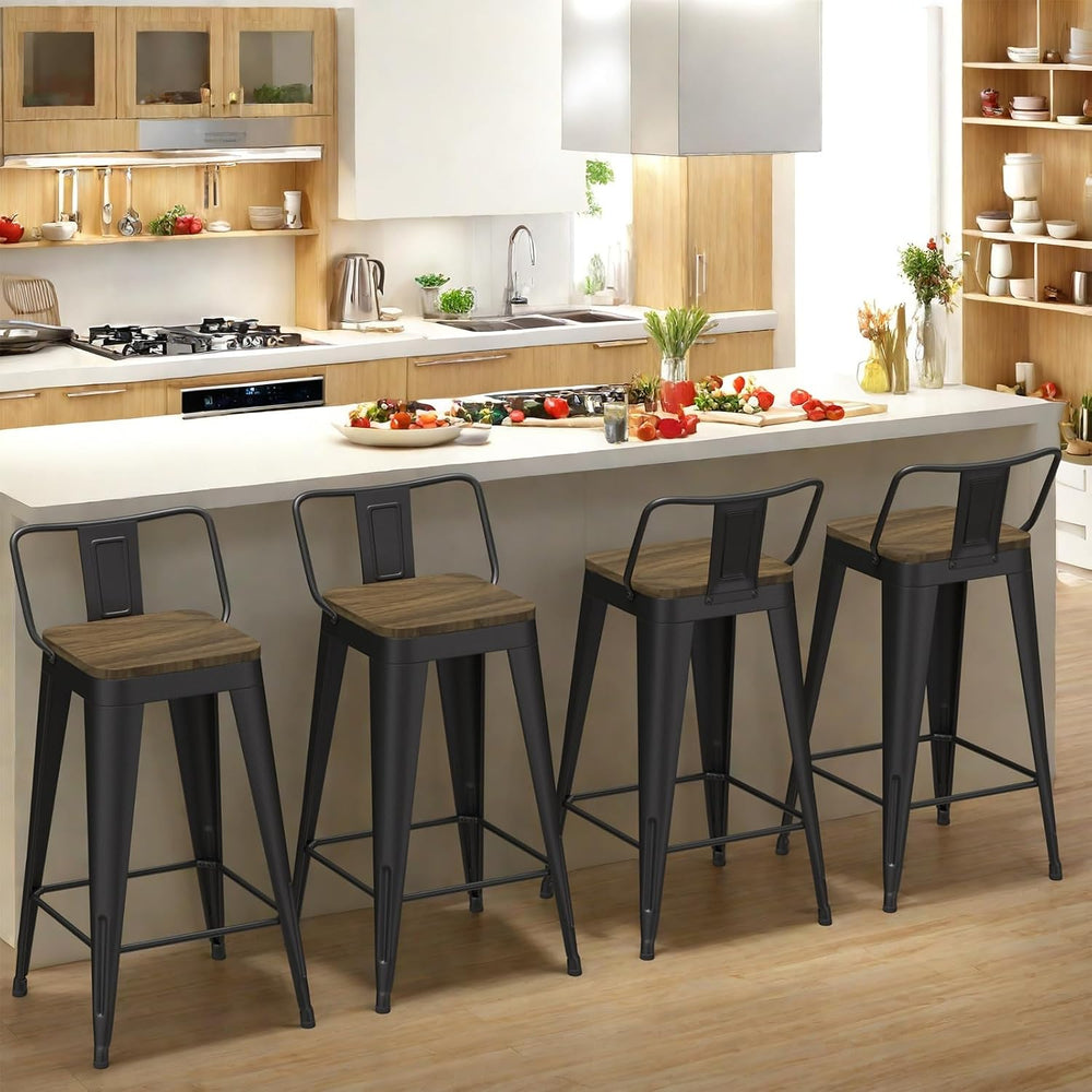 Black Bar Stools Set of 4, Metal Bar Stools with Wooden Seat, Modern 24”Count...