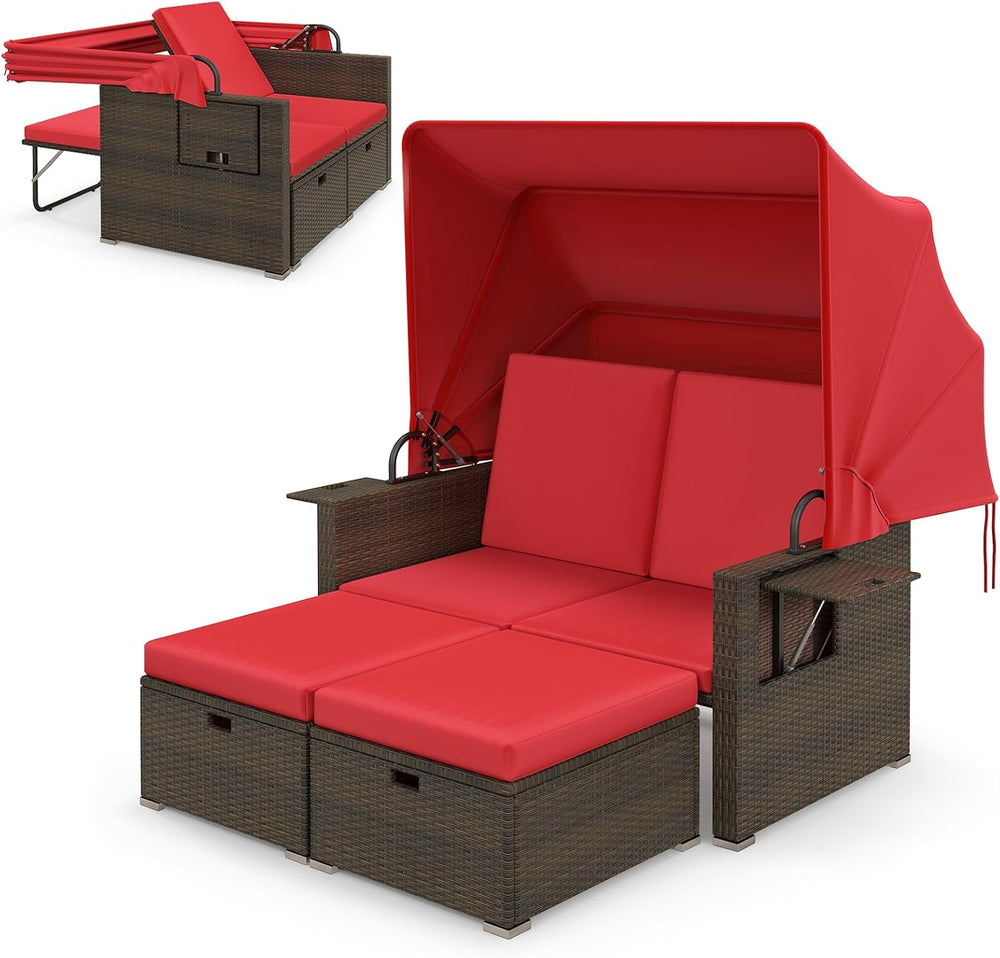 Moccha Outdoor Daybed with Retractable Canopy - Rattan Loveseat Sofa Set w/ A...