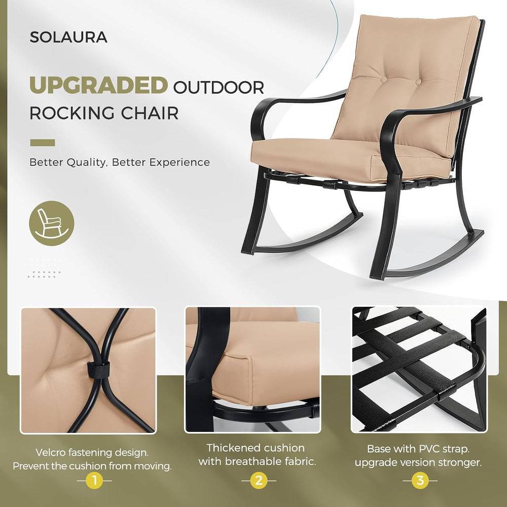 SOLAURA 3-Piece Outdoor Rocking Chairs Bistro Set, Black Iron Patio Furniture...