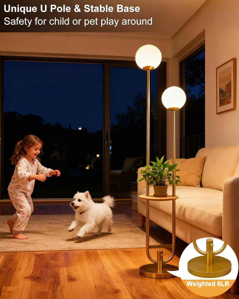 Lightdot 63IN Gold Floor Lamp with Table 2 Globe Mid Century Standing Lamps w...