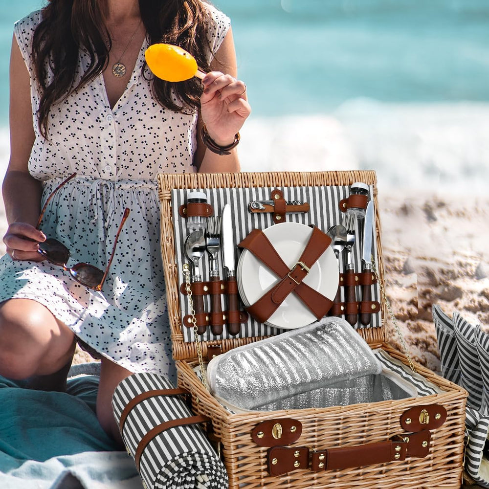 Picnic Basket with Blanket and Wine Pouch for 4, Wicker Picnic Set with Insul...