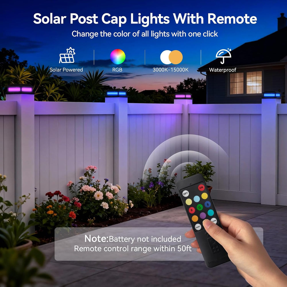 Solar Post Cap Lights Outdoor with Remote 6 Pack, Waterproof RGB Color Changi...