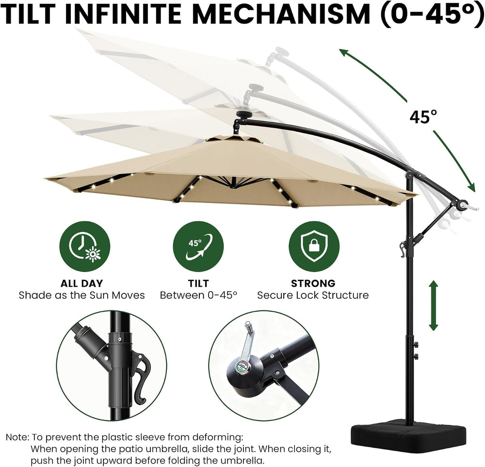 OLILAWN 10FT Patio Umbrella with Solar Lights and Base for Patio, Cream