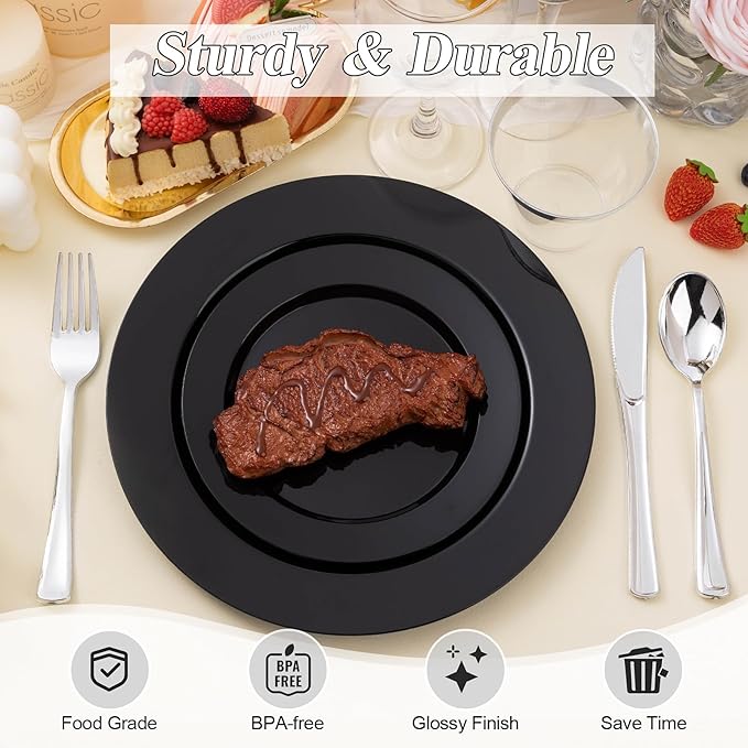 100PCS Black Plastic Plates Set, 50 10.25 inch Dinner Plates and 50 7.5 inch ...