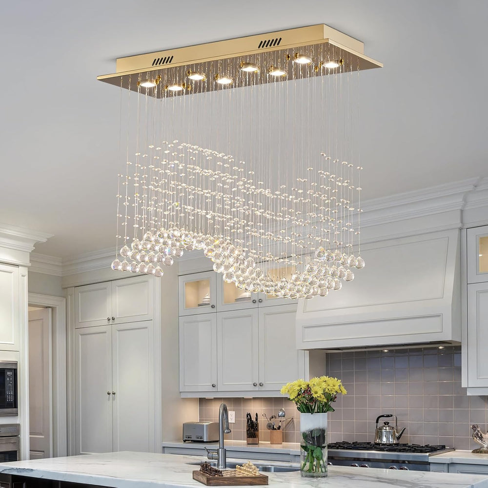 Siljoy Rectangular Gold Crystal Chandelier for Dining Room, 8-Light Modern Wa...