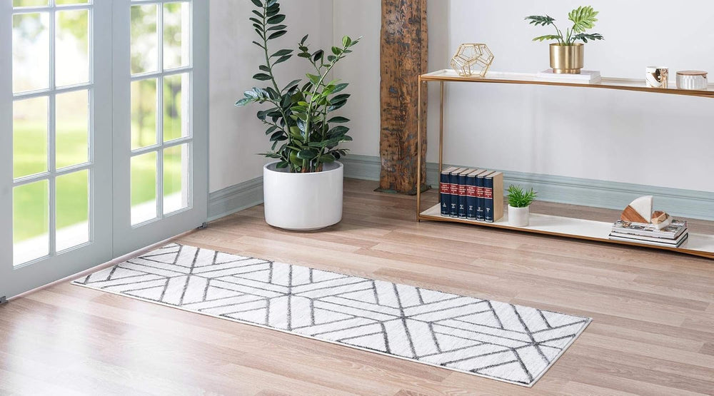 Rugs.com Lattice Trellis Collection Rug – 6 Ft Runner White Low-Pile Rug Perf...