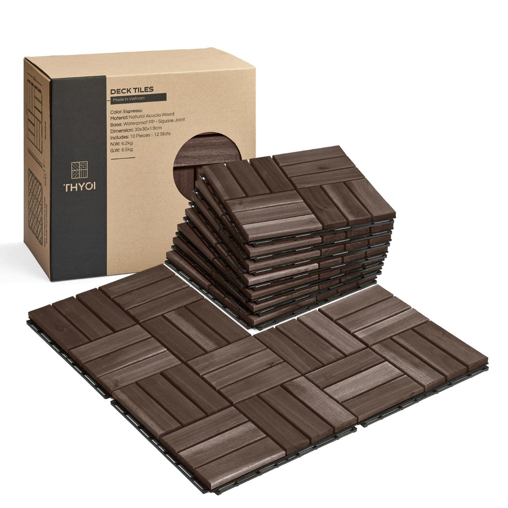 THYOI Premium Deck Tiles, 10 Pcs Patio Flooring -Espresso- Crossed Pattern