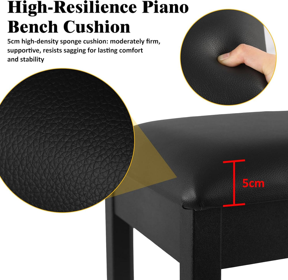 Piano Bench with Storage, Solid Wood Piano Stool Construction & High-Dens...
