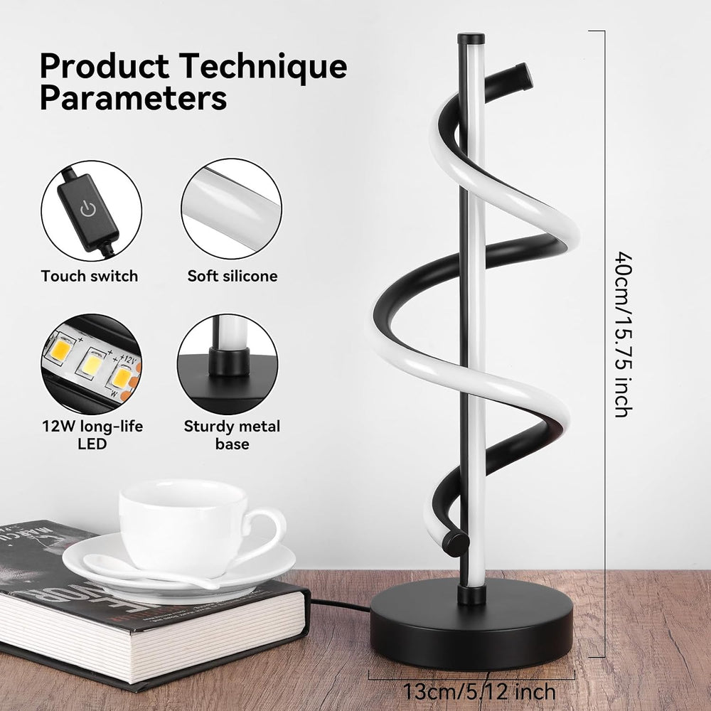 NUÜR Black Spiral LED Table Lamp, Dimmable Metallic Bedside Lamp