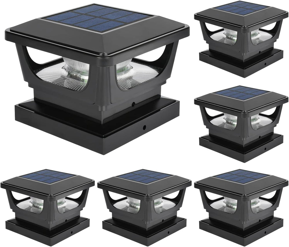 Solar Post Cap Lights 6 Pack, IP65 Waterproof 120LM 6500K Cool White Black