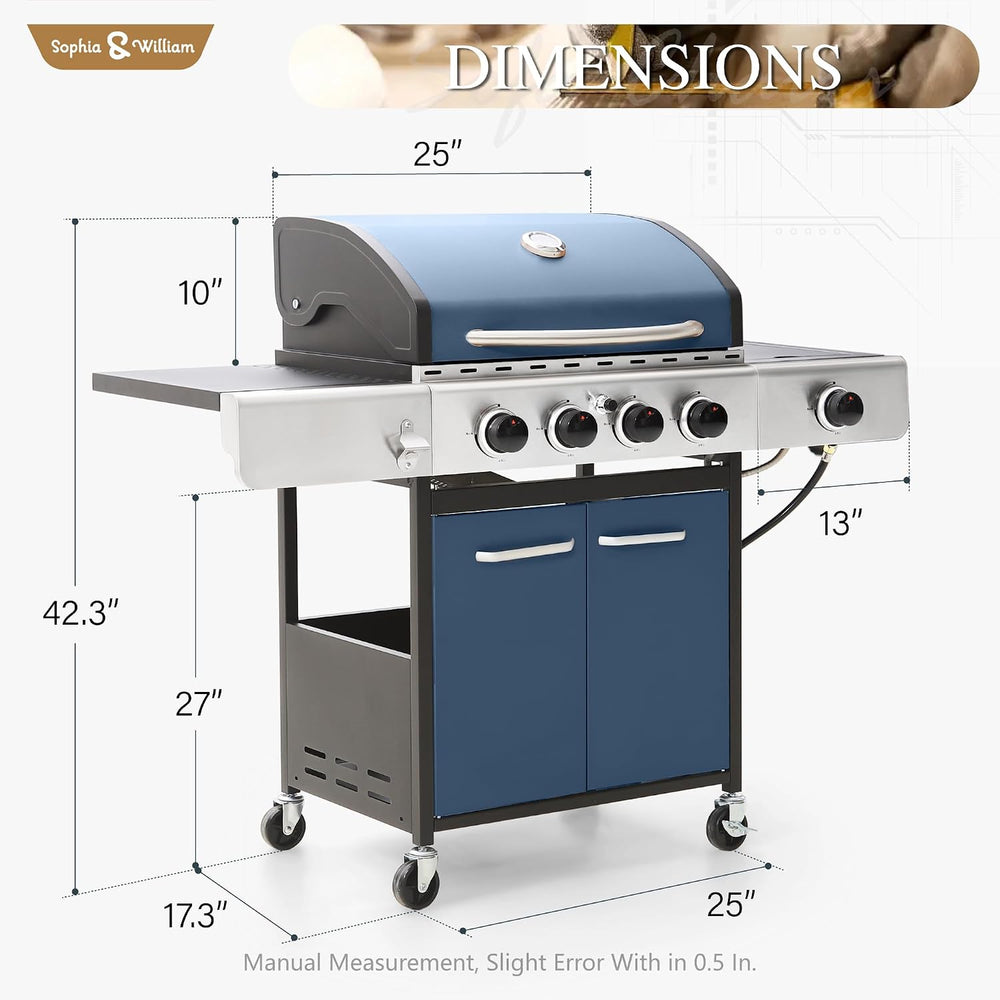 Sophia & William 4 Burner Propane Gas BBQ Grill with Side Burner,Blue
