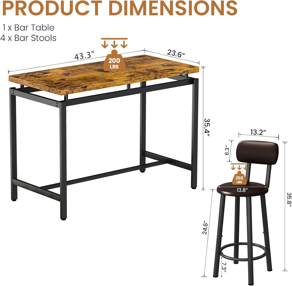 Recaceik Bar Table Set for 4 Bar Table and Chairs Set, Industrial Dinner Tabl...