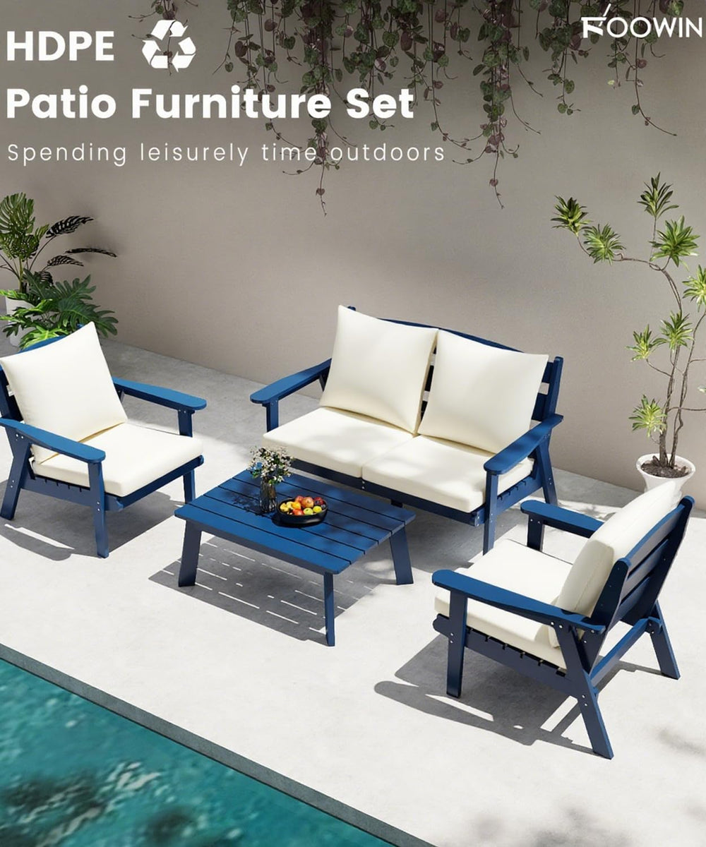 FOOWIN 4-Piece Patio Furniture Set, HDPE All-Weather Outdoor Conversation Set...