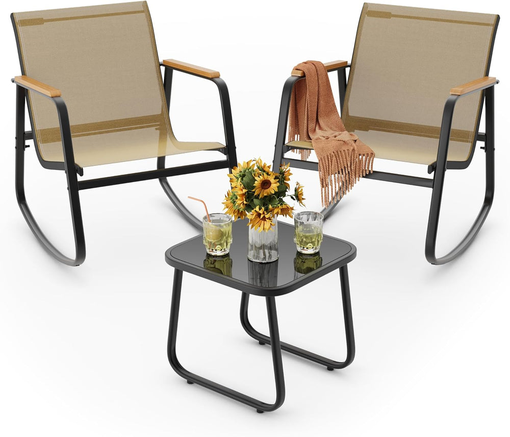 Ahomly 3-Piece Outdoor Rocking Bistro Set, Patio Set Textilene, Brown