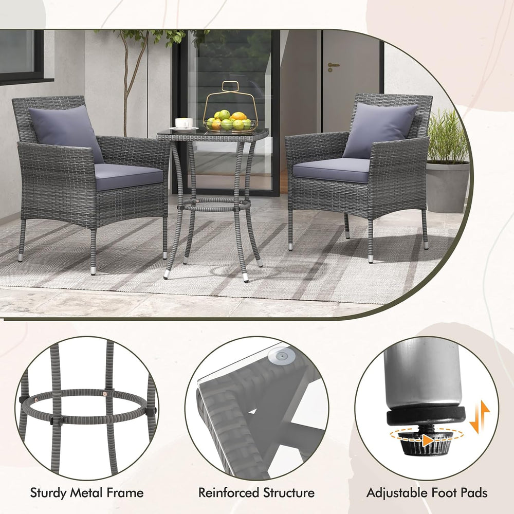 Tangkula 3-Piece Patio Furniture Set, PE Wicker Conversation Bistro Set w/A T...