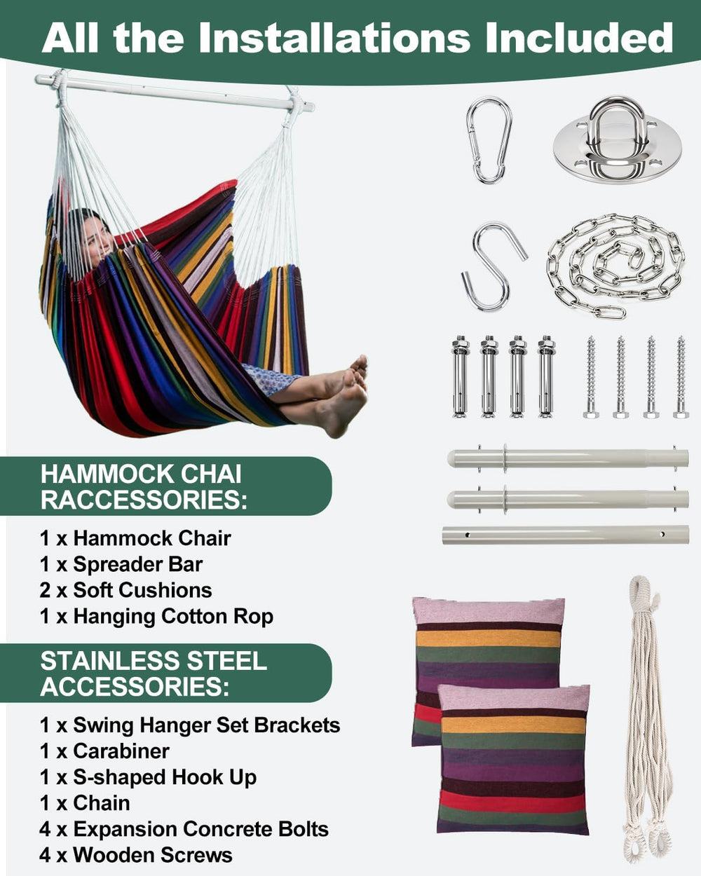 Lulladle Hammock Chair XXL with 2 Cushions, 500 lbs, All Hardware Included