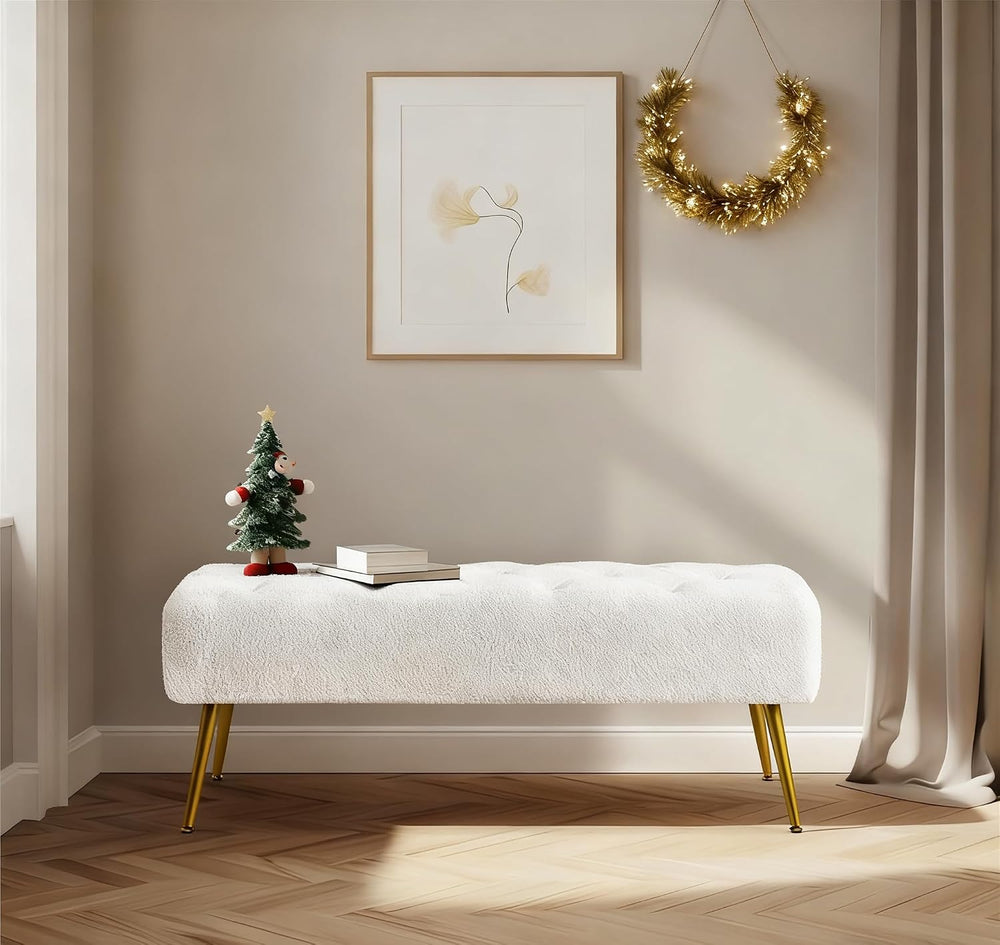 Yaheetech 45in Upholstered Boucle Ottoman Bench Seat with Gold Legs, Ivory