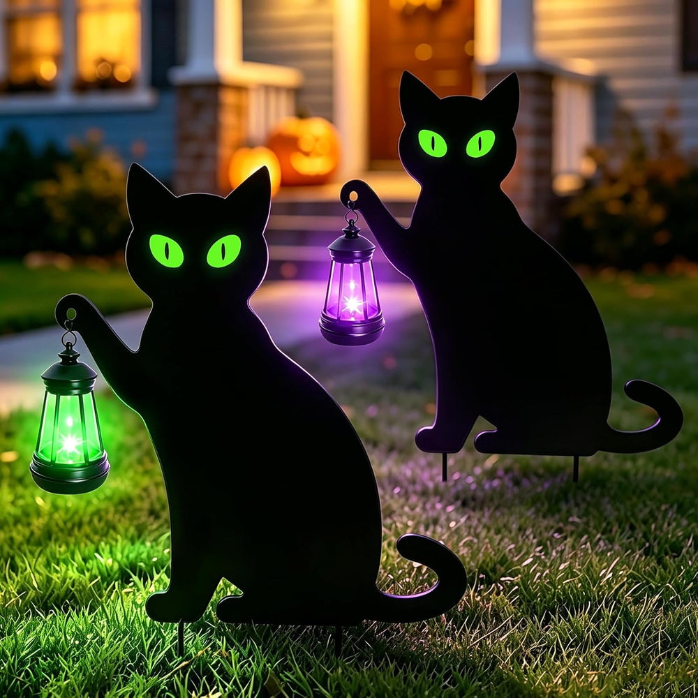 2 Pack Halloween Black Cat Solar Yard Stake, 7-Color LED Lantern