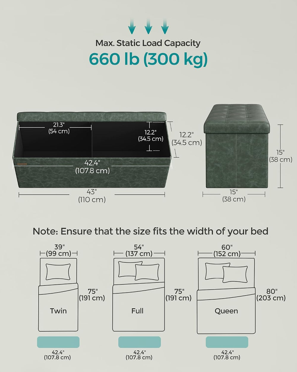 SONGMICS Storage Ottoman Bench, 43.3 Inches Folding Foot Rest Stool